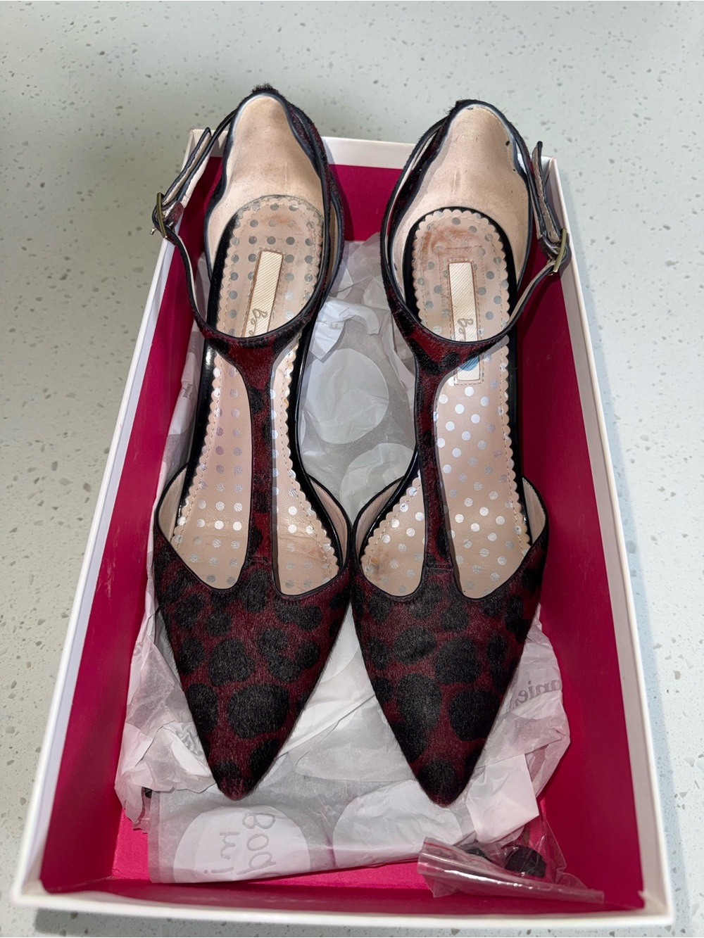 Boden Red and Black Leopard T‑Strap Pointed Heels